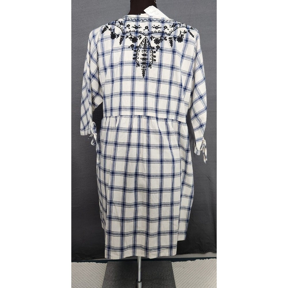 NEW Umgee Plaid Embroidered Short Sleeve Ivory Navy Babydoll Dress Women Boho L‎ - Picture 4 of 12